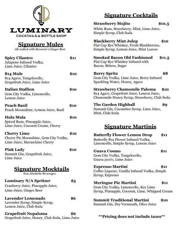 Downtown Drink Menu Spring 2026 Pg 1