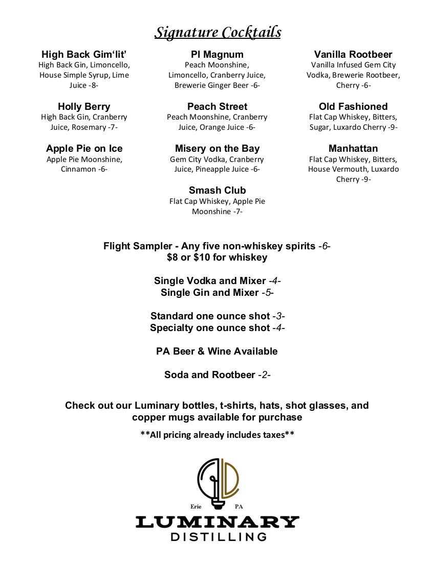 Distillery & Eatery Drink Menus Luminary Distilling, LLC