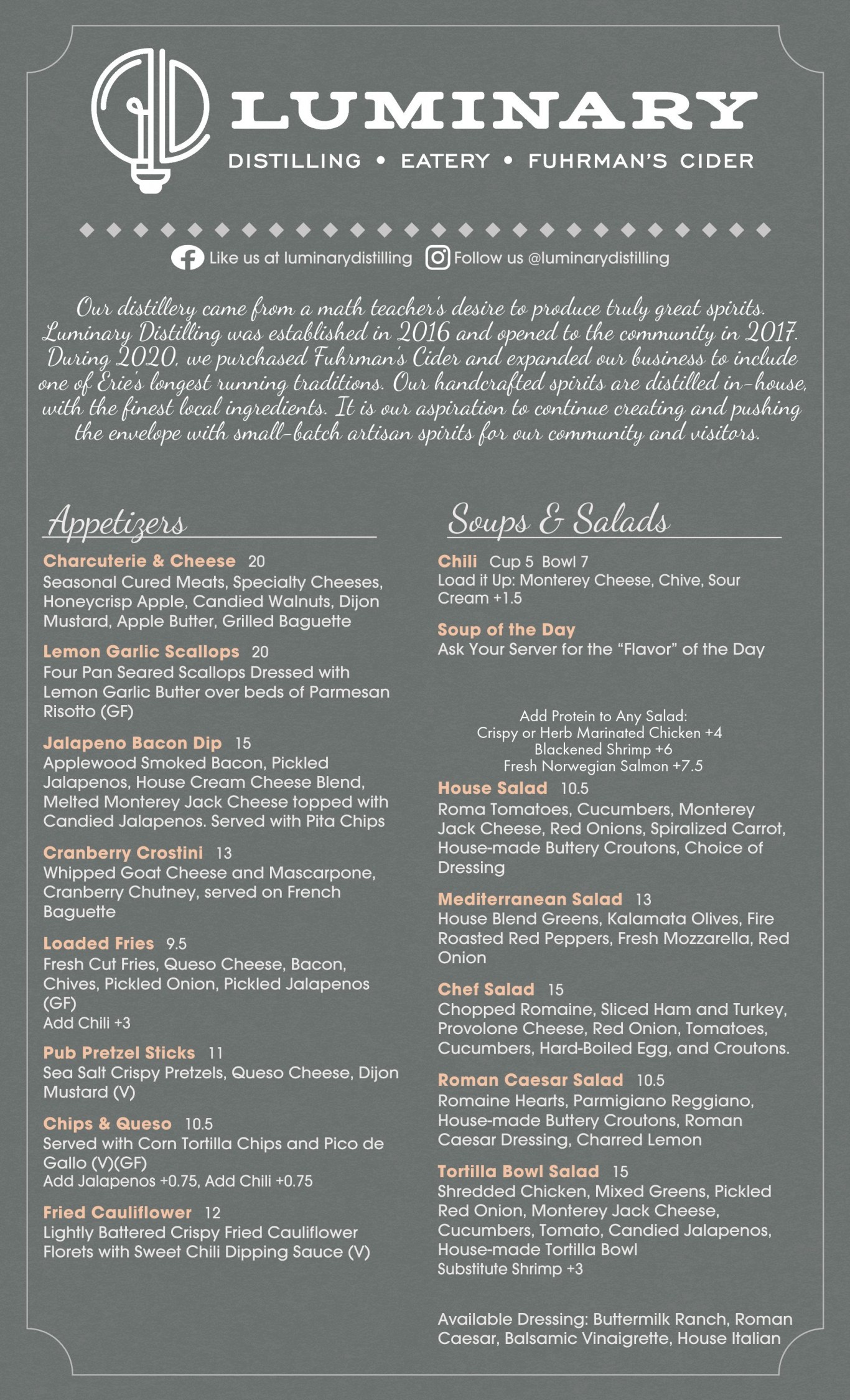 Distillery & Eatery Food Menus Luminary Distilling, LLC