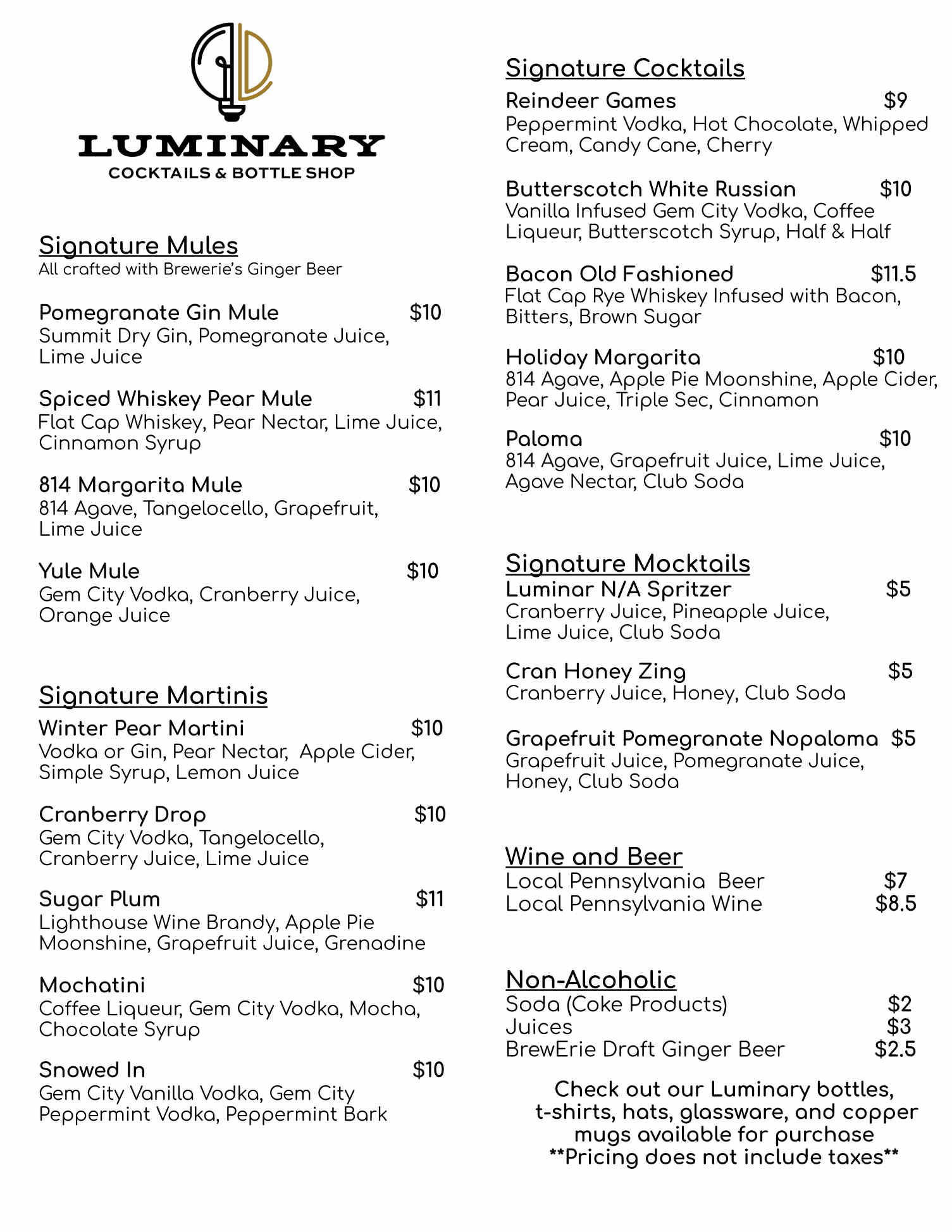 Updated New Downtown Drink Menu Winter 2025 Single Page